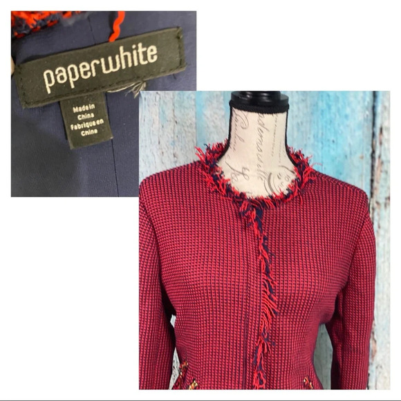 PAPERWHITE EUC Red Navy Textured Fringed Blazer - Picture 6 of 14